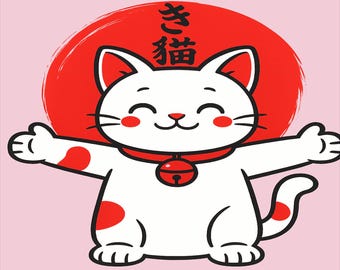 Maglietta gatto Maneki Neko con abbracci fortunati, arte giapponese