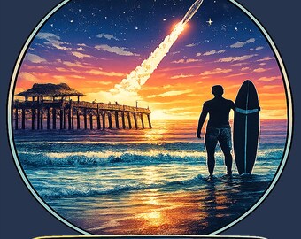 Camiseta Cocoa Beach Rocket Launch Surfer Retro Florida Space Coast