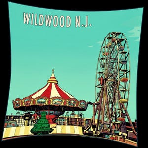 May include: A vintage-style illustration of Wildwood, N.J., featuring a carousel with a red and white striped canopy and a Ferris wheel. The image has a retro aesthetic with a teal sky and a black border.
