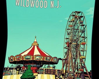 Camiseta de recuerdo estilo carrusel de la noria de Wildwood, NJ, Jersey Shore Heritage