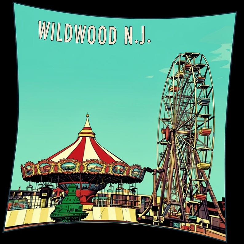 May include: A vintage-style illustration of Wildwood, N.J., featuring a carousel with a red and white striped canopy and a Ferris wheel. The image has a retro aesthetic with a teal sky and a black border.