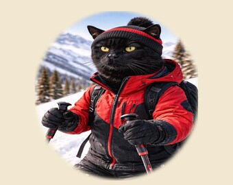 Camiseta de esquí con gato negro: Camiseta divertida para esquiadores amantes de los gatos.