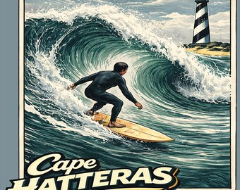 Camiseta vintage de surf con faro de Cape Hatteras, OBX Surf Wave