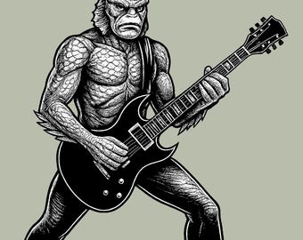 Rock Guitar Creature Shirt Aqua Monster Music Tee for Metal and Horror Lovers