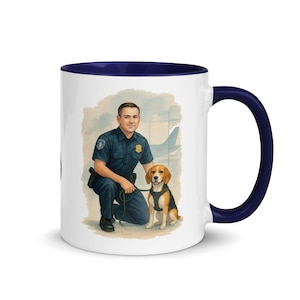 May include: White ceramic mug with a navy blue interior and handle. The mug features a watercolor illustration of a person in a dark blue uniform kneeling next to a beagle. The beagle wears a black and tan harness.