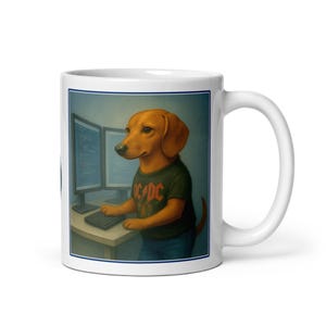 May include: White ceramic mug featuring a dog wearing an AC/DC t-shirt, working on a computer with two monitors. The dog is depicted in a realistic style, with a focused expression. The mug has a blue border.