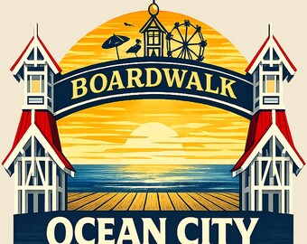 Camiseta retro de playa con puesta de sol sobre el paseo marítimo de Ocean City, Maryland