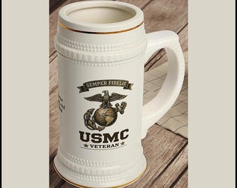 US Marine Corps Beer Stein Mug Military Gift for Marines, USMC Veteran Stein