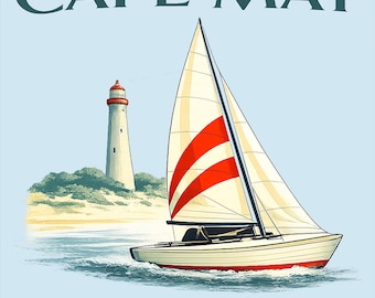 Camiseta de Cape May, NJ, estilo velero y faro, diseño tradicional de Jersey Shore.