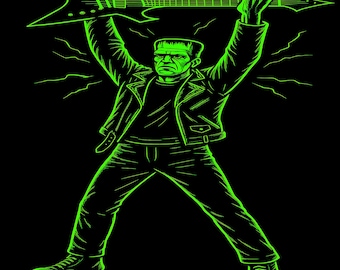 Frankenstein Rock Guitar Shirt Neon Green Monster Metalhead Horror Music Tee