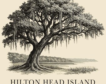 Camiseta de Hilton Head Island con diseño de roble vivo y estilo vintage de la costa de Carolina del Sur.