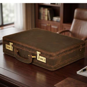 May include: A brown leather briefcase with gold-colored combination locks and hardware. The briefcase has a handle and is sitting on a dark wooden desk. The briefcase is rectangular and appears to be new.