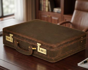Handmade Brown Leather Briefcase | Distressed Leather Attache | Classic Locking Business Suitcase | Executive Office Bag | Retro Travel Gift