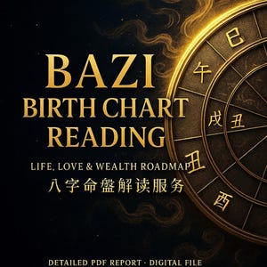 Op de afbeelding: Een digitale afbeelding met de tekst "BAZI BIRTH CHART READING" in goud. De afbeelding bevat een astrologische kaart en de woorden "LIFE, LOVE & WEALTH ROADMAP". De afbeelding vermeldt ook "DETAILED PDF REPORT - DIGITAL FILE".