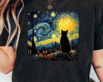 Gwiaździsty Kot w PNG, Van Gogh Art Miłośnik Kotów Sublimacja, Pobieranie Cyfrowe, Projekt Koszulki
