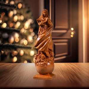 Hand-Carved Mother Mary Wooden Statue Catholic Virgin Mary Figurine Christian Home Decor