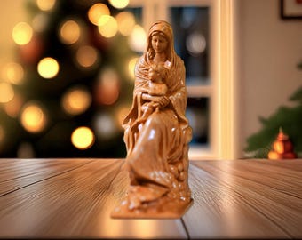 Mother Mary Holding Baby Jesus Wooden Statue | Catholic Wooden Madonna & Child Figurine