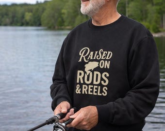 Raised on Rods and Reels Sweatshirt – Fishing Crewneck for Men, Bass Angler Gift, Fishing Dad Crew