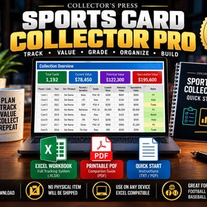 Könnte beinhalten: Ein digitales System zur Verwaltung von Sportkartensammlungen namens Sports Card Collector Pro, bestehend aus einer Excel-Arbeitsmappe, einem druckbaren PDF-Leitfaden und einer Kurzanleitung. Der Laptop zeigt eine Übersichtstabelle.