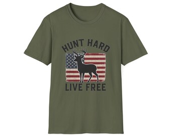 Hunt Hard Live Free Shirt | Buck Hunting American Flag Deer Tee