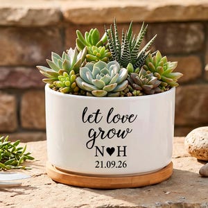 May include: A white ceramic cylindrical planter with a bamboo saucer base, filled with various green succulents. The front of the planter features black text that reads "let love grow", followed by the initials "N H" with a heart, and "21.09.26".