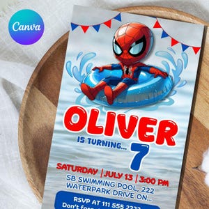 May include: A rectangular birthday invitation featuring a cartoon Spider-Man in a blue pool float. Text reads: OLIVER IS TURNING 7, SATURDAY JULY 13 3:00 PM, SB SWIMMING POOL, 222 WATERPARK DRIVE ON, RSVP AT 111 555 2222. Red and blue bunting hangs above.