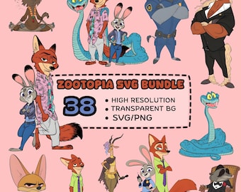 Puede incluir: Una colección digital de personajes de Zootopia que incluye zorros, conejos, una serpiente, un búfalo, un caballo, una gacela y un fénec. El texto central dice ZOOTOPIA SVG BUNDLE, 38, HIGH RESOLUTION, TRANSPARENT BG, SVG/PNG sobre un fondo rosa.