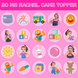 May include: A pink cake topper with 20 circular images featuring cartoon characters, a school bus, a rainbow, and the text "MS RACHEL CAKE TOPPER". The images are in a pink background.