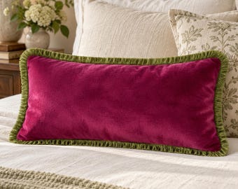 Rot-violetter Samt-Lendenkissenbezug, Kissen mit Himbeerfransen, romantisches Schlafzimmer-Dekokissen