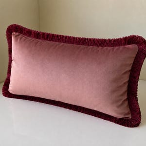 May include: A rectangular throw pillow featuring a soft, dusty rose velvet fabric on the front and back. The edges of the pillow are finished with a thick, deep burgundy fringe trim that creates a textured border around the entire perimeter.