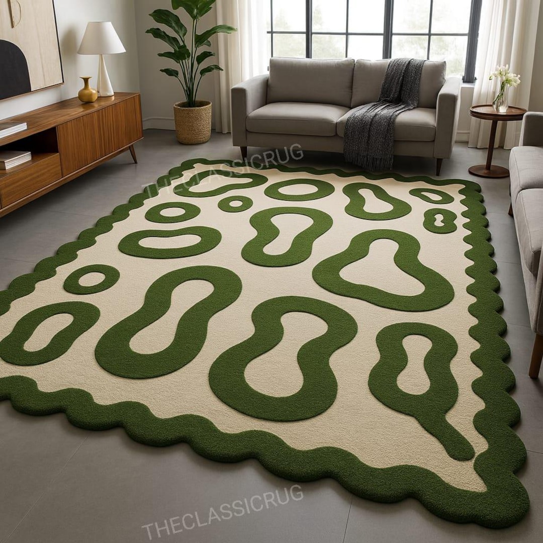 Modern Green Abstract Wavy Edge Rug – Handmade Hand Tufted Organic ...