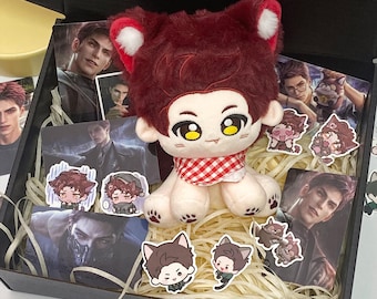 May include: A plush doll with dark red hair, cat ears, and a red and white checkered scarf, surrounded by several character cards and small stickers featuring illustrations of a person with dark hair and cat-like features.