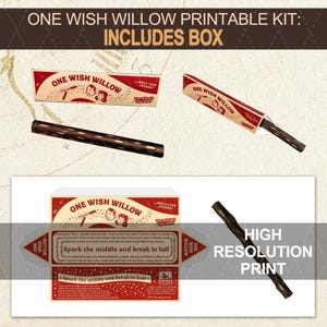 May include: A One Wish Willow printable kit featuring a red and cream box with the text One Wish Willow, Amaze Your Friends, and You only get one wish. The kit includes a dark brown textured stick and a flat, unfolded box template design.