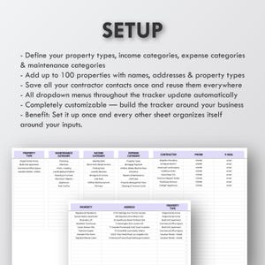 May include: A digital spreadsheet titled "SETUP" with various categories for property management. The categories include property types, maintenance, income, and expenses. The spreadsheet is customizable and allows for up to 100 properties.