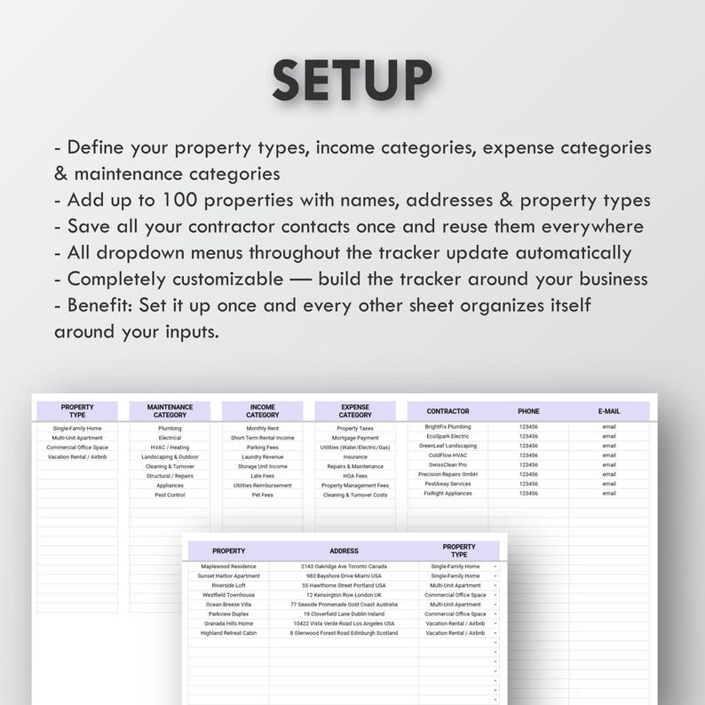 May include: A digital spreadsheet titled "SETUP" with various categories for property management. The categories include property types, maintenance, income, and expenses. The spreadsheet is customizable and allows for up to 100 properties.