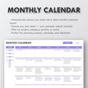 Op de afbeelding: Een digitale maandkalendersjabloon met een witte achtergrond en paarse accenten. De kalender bevat secties voor filteren op categorie, project, prioriteit en status. De tekst "MAANDKALENDER" staat bovenaan.