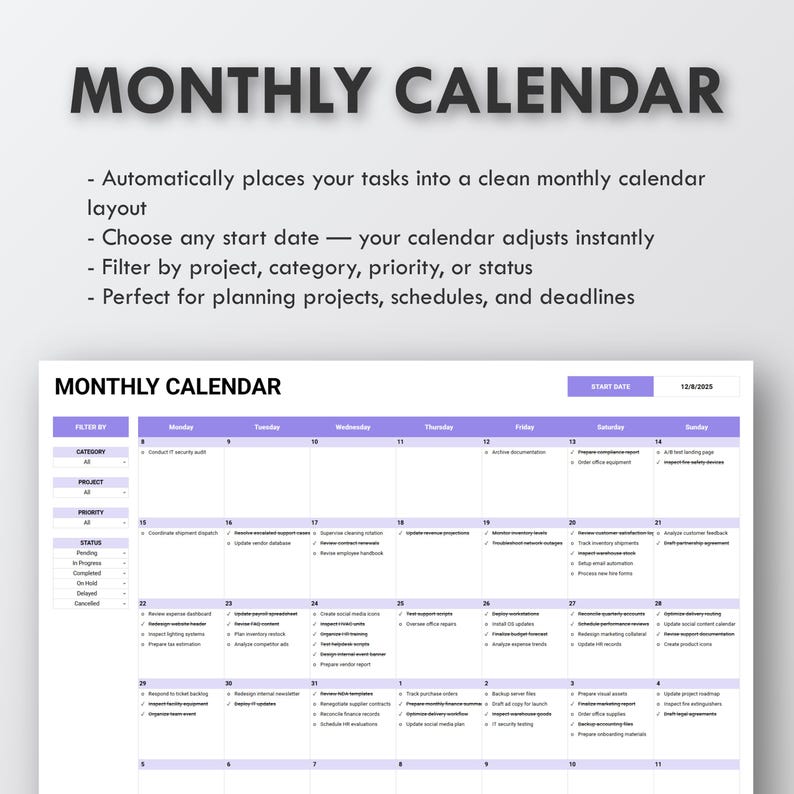 Op de afbeelding: Een digitale maandkalendersjabloon met een witte achtergrond en paarse accenten. De kalender bevat secties voor filteren op categorie, project, prioriteit en status. De tekst "MAANDKALENDER" staat bovenaan.