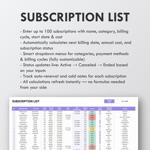 Subscription Tracker Google Sheets Template for managing subscriptions, recurring expenses, and monthly payments. Automated subscription manager with membership tracker, expense log, digital subscription organizer, billing cycle tracker, monthly bills tracker, payment tracker, finance budget planner, recurring cost management spreadsheet.