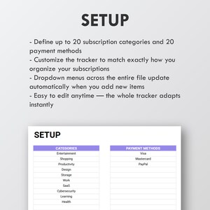 May include: A digital document labelled "SETUP" detailing subscription management. It features lists of categories and payment methods, with text describing customisation and ease of use for the user.