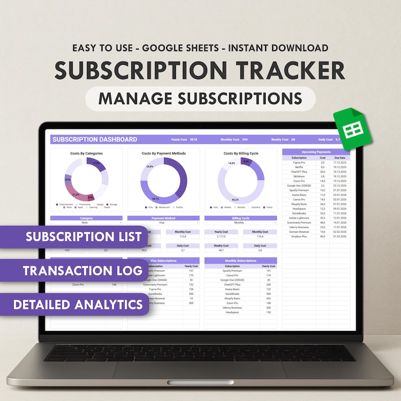 Subscription Tracker Google Sheets Template for managing subscriptions, recurring expenses, and monthly payments. Automated subscription manager with membership tracker, expense log, digital subscription organizer, billing cycle tracker, monthly bills tracker, payment tracker, finance budget planner, recurring cost management spreadsheet.