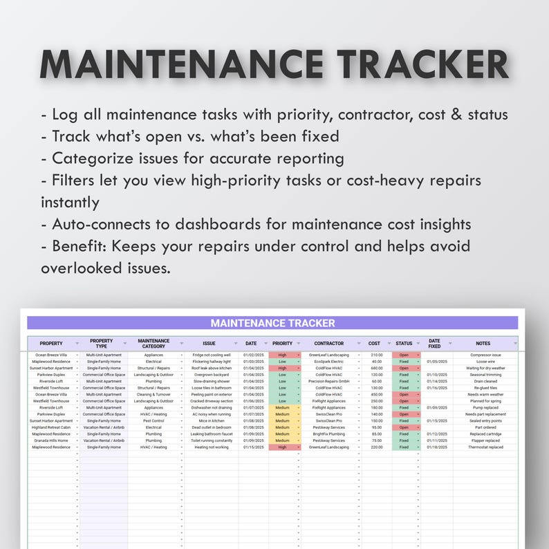 May include: A digital maintenance tracker with the title "MAINTENANCE TRACKER" at the top. The tracker includes sections for property, maintenance category, issue, date, priority, contractor, cost, status, date fixed, and notes. The tracker helps log tasks, track status, and categorize issues.