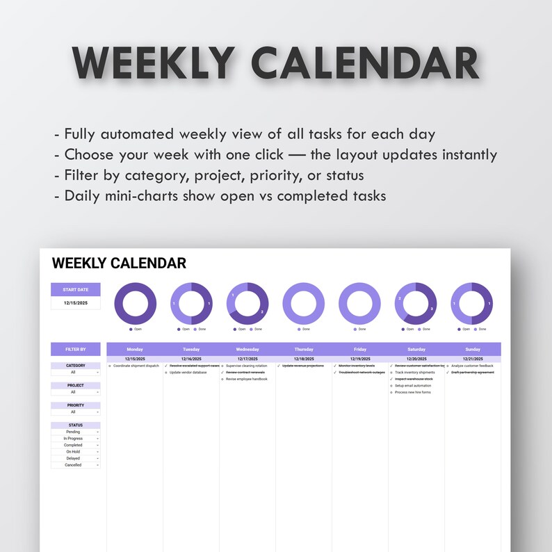 Op de afbeelding: Een digitale weekkalendersjabloon met een witte achtergrond en paarse accenten. De kalender toont een weekoverzicht met secties voor elke dag, inclusief minigrafieken en taakcategorie&euml;n. De tekst "WEEKLY CALENDAR" staat bovenaan.