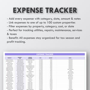 May include: A digital expense tracker with the title "EXPENSE TRACKER" at the top. The text describes features like adding expenses, linking to properties, and filtering by various criteria. A detailed expense table is visible below.