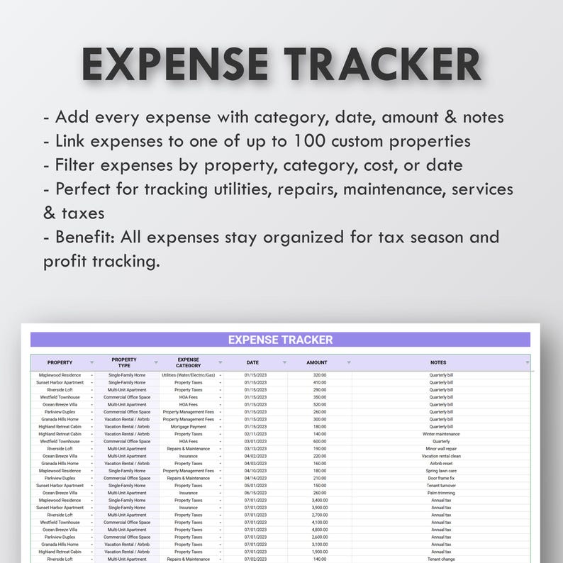 May include: A digital expense tracker with the title "EXPENSE TRACKER" at the top. The text describes features like adding expenses, linking to properties, and filtering by various criteria. A detailed expense table is visible below.
