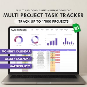 Könnte beinhalten: Ein Laptop zeigt eine "Multi Project Task Tracker"-Tabelle. Der Bildschirm zeigt Projekt-, Kategorie-, Prioritäts- und Statusaufschlüsselungen. Der Text enthält "Monatskalender", "Wochenkalender" und "Warnlisten".