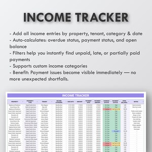 May include: A digital income tracker spreadsheet with the title "INCOME TRACKER" at the top. The spreadsheet includes columns for property, tenant, due date, amount, and payment status. Text highlights features like auto-calculation and custom categories.