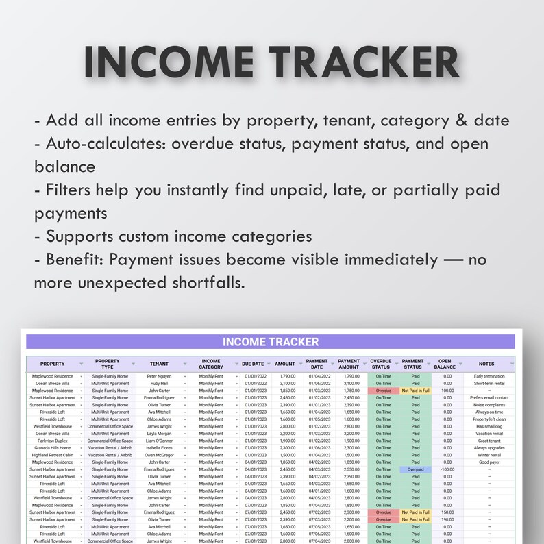 May include: A digital income tracker spreadsheet with the title "INCOME TRACKER" at the top. The spreadsheet includes columns for property, tenant, due date, amount, and payment status. Text highlights features like auto-calculation and custom categories.