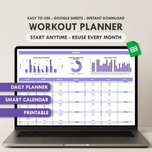 Könnte beinhalten: Ein Laptop-Bildschirm zeigt eine digitale Trainingsplan-Vorlage. Der Planer enthält Abschnitte für den Muskelgruppenfortschritt, den Trainingsabschluss und den täglichen Abschluss. Der Text auf dem Bildschirm lautet "WORKOUT PLANNER" und "START ANYTIME - REUSE EVERY MONTH".