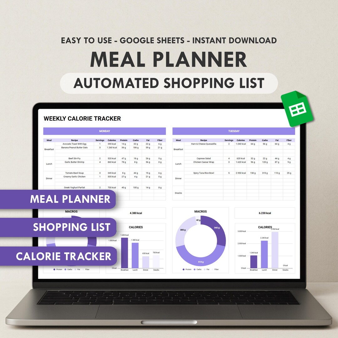 Weekly Meal Planner Google Sheets Grocery List Calorie Tracker ...