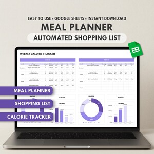 Tygodniowy plan posiłków Arkusze Google Lista zakupów Śledzenie kalorii Automatyczna lista zakupów Automatyczna lista zakupów Cyfrowy dziennik żywności Menu